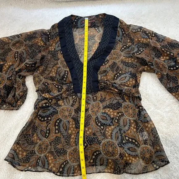 VTG Bandolino Womens Y2K Sz 14 Peasant Top Brown Blue Paisley Floral V NeckSheer - Picture 4 of 6